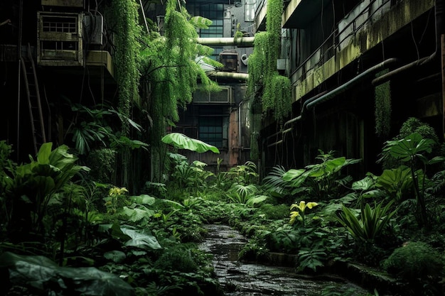Foto un piccolo ruscello nella giungla con una pianta verde in primo piano.
