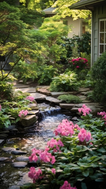 A small stream runs through a garden with flowers ai
