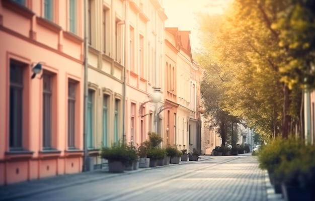 Small street in city with buildings and trees with blurred background