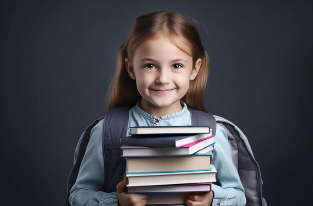 Small student child with several books