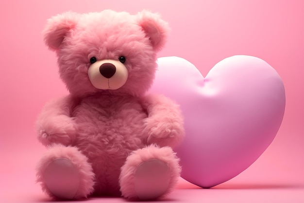 A small stuffed bear with a heart on a pink background