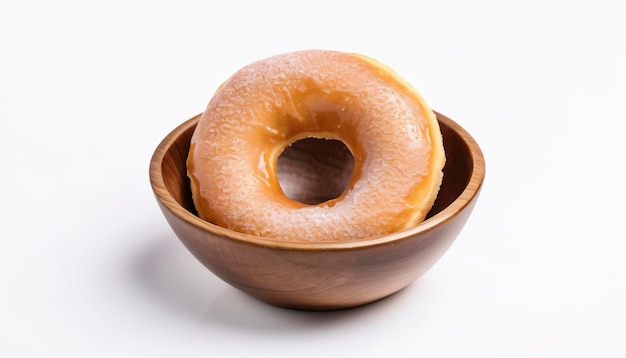 small sugar ring donut with wooden bowl isolated on white background