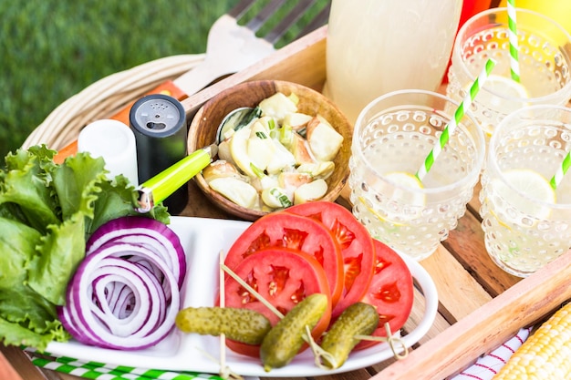 Small summer picnic with lemonade and hamburgers in the park.