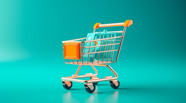 Photo small supermarket grocery push cart for shopping toy with wheels and pink plastic elements on yellow