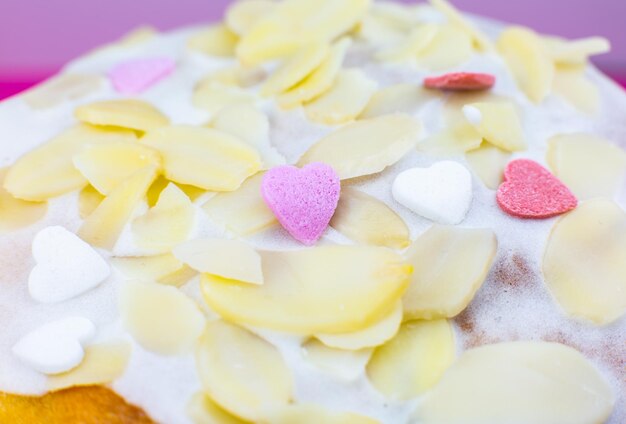 Small sweet sugar hearts decoration on the biscuit holidays Easter bakery