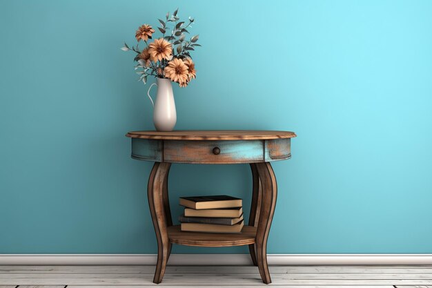 Small table on a blue wall