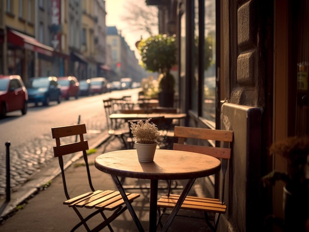 A small table and chairs outside a cafe with a sign that says cafe on it.