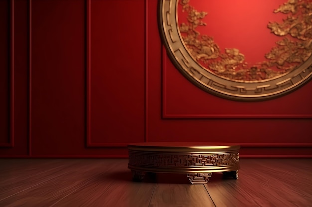 A small table in a red room with a gold frame.