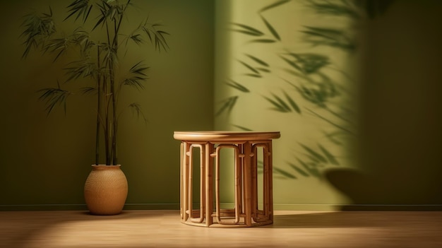 A small table in a room with bamboo plants on the wall.