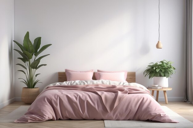 small table with a plant standing next to a bed with pink bedding in bedroom interior