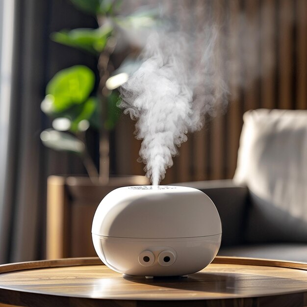 a small table with a smoker on it and a green plant in the background