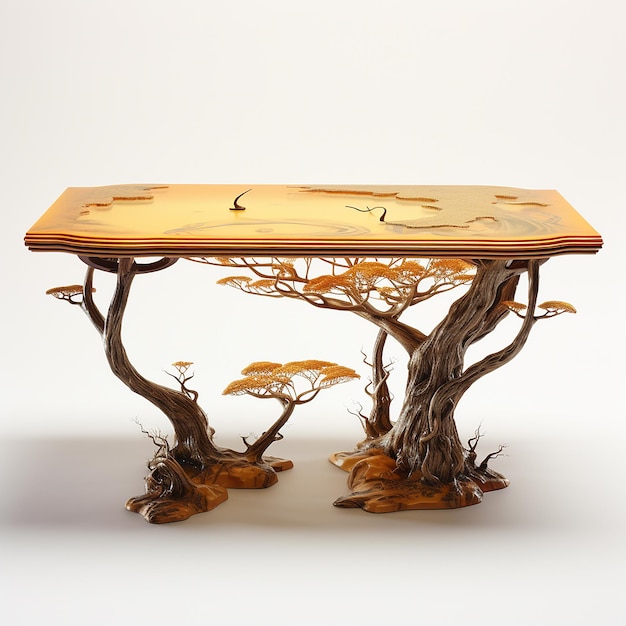 a small table with a tree on it and a clock on it