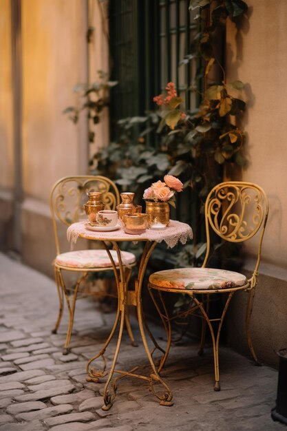 Photo a small table with two chairs and a pink flowered table.