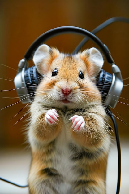 Small tan and white hamster wearing headphones