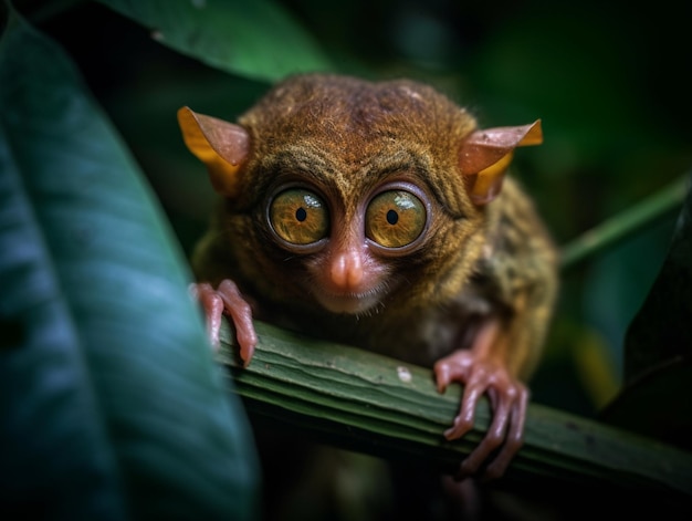 A small tarsier sits on a leaf in the jungle.