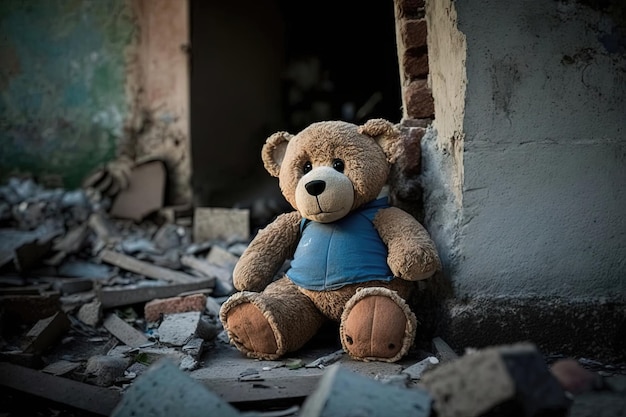 A small teddy bear sitting on the remains of a oncegrand house now reduced to rubble with an expression of sadness Generated by AI