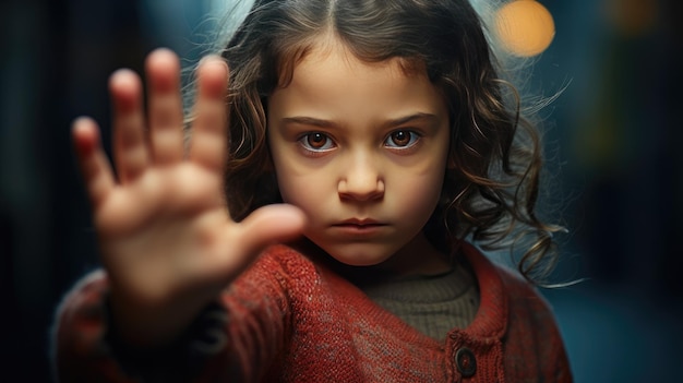 Small teen child standing against discrimination and school abuse Crop closeup of a little girl child stretching her hand showing a no gesture protesting against domestic violence