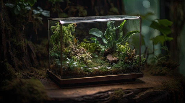 A small terrarium with plants in it