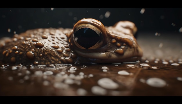 Small toad looking at drop of rain generated by AI