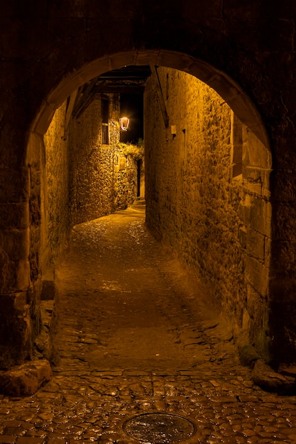 Small town alley lit by lamppost