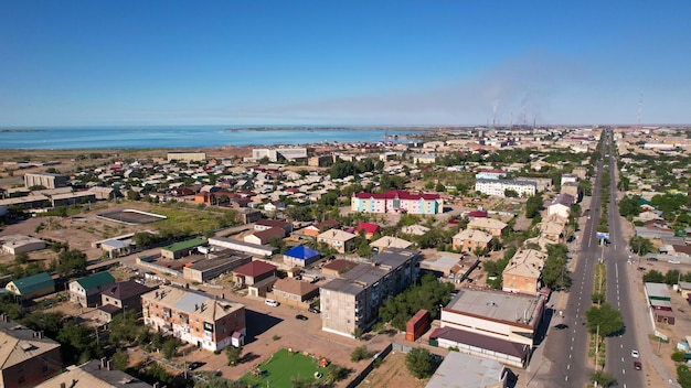 The small town of balkhash is a view from a drone