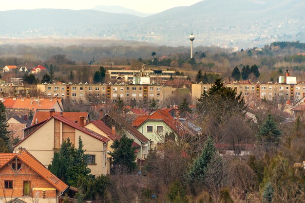 Городской пейзаж маленького городка с видом на центр города Панорама Венгрии
