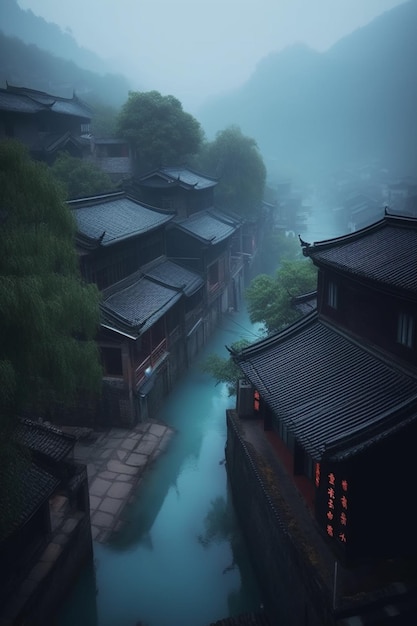 A small town in the fog with the word li river in the middle