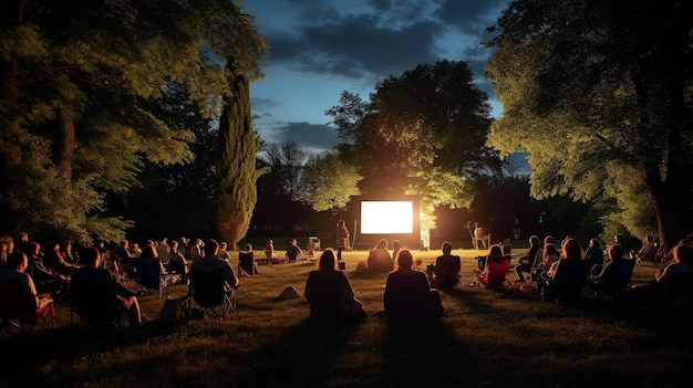 小さな町で友達のグループが毎月地元の公園で星の下の映画の夜を開催します