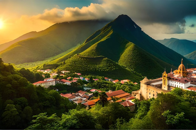 A small town in the mountains with the sun setting behind it