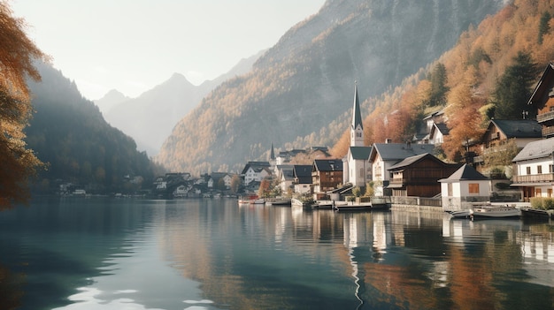 A small town on the water with mountains in the background