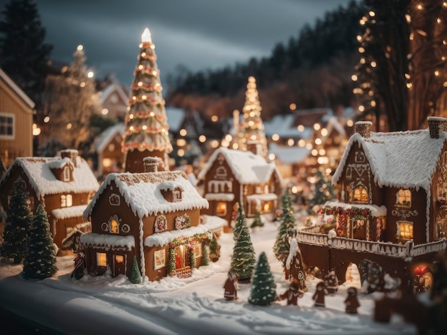 크리스마스 트리와 많은 불빛이 있는 작은 마을