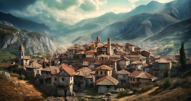 a small town with red roofs in the mountains