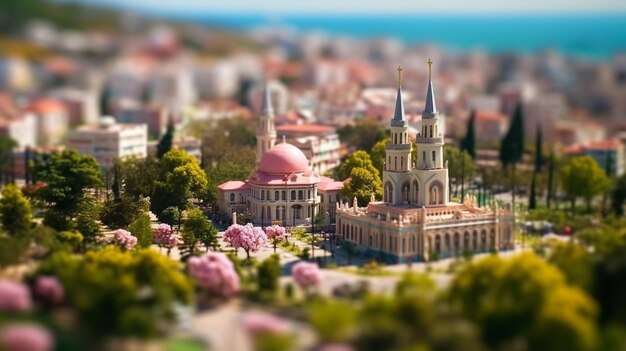 A small town with a small church in the foreground