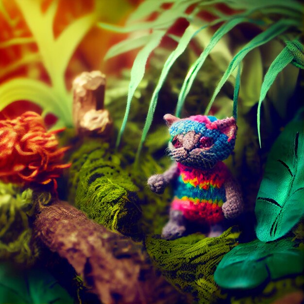 A small toy cat with a rainbow knitted sweater and a bush in the background