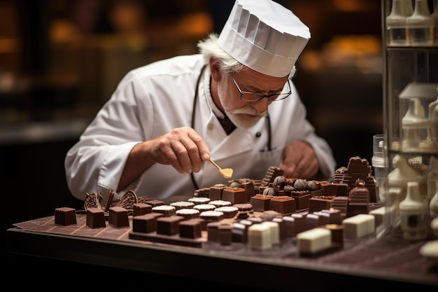 チョコレートを作る小さなおもちゃのショコラティエ