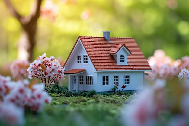 Photo small toy home in a garden with flowers and green grass generative ai