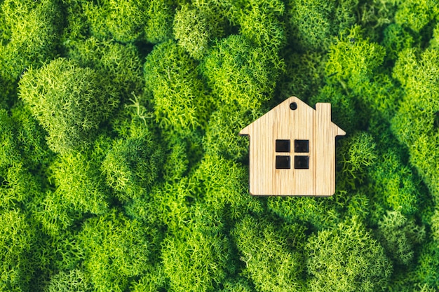 民家のシンボルとして植物を背景にした小さなおもちゃの家。住宅ローンの不動産の概念。