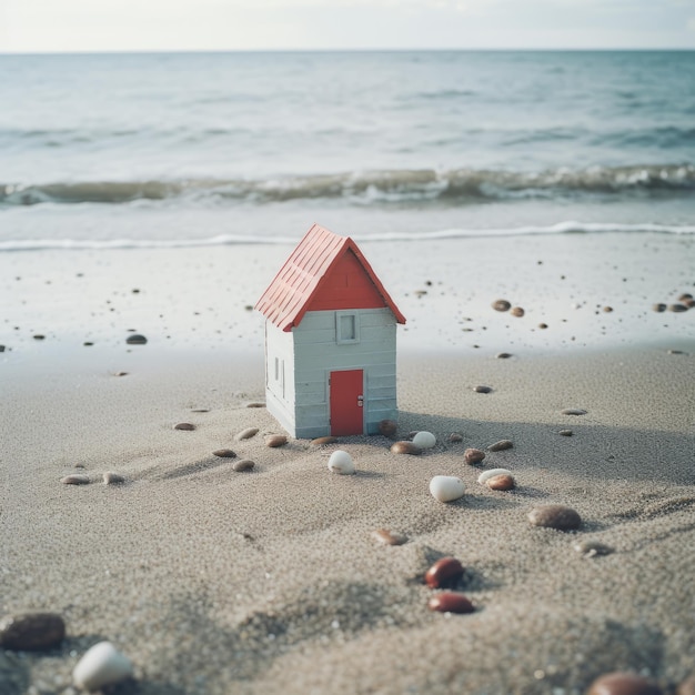 a small toy house on a beach