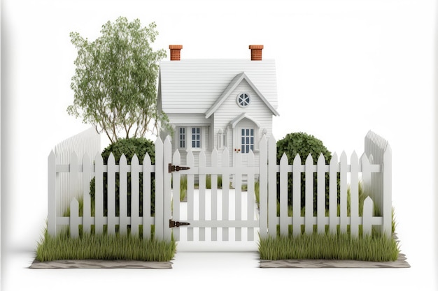 Small toy house surrounded by white picket fence and trees