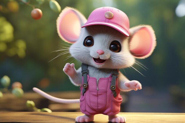 Photo a small toy mouse wearing a pink hat and overalls is featured