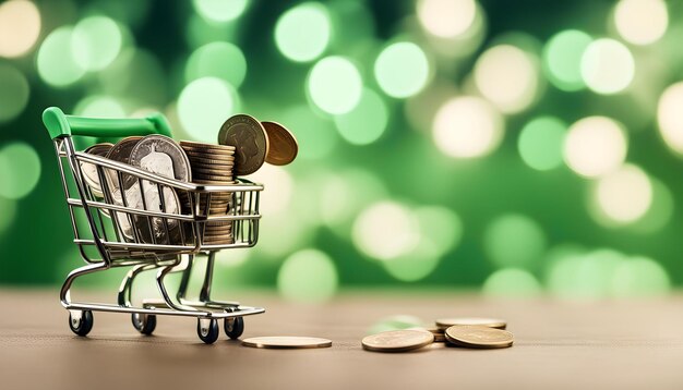 Photo a small toy with a bunch of coins in it and a man in a silver suit is sitting on a table with a green background with a blurry background with a blurry background with a