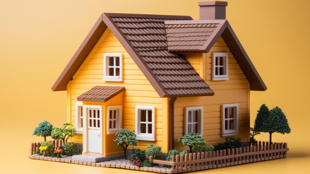 Small toy yellow wooden house with brown roof and green garden on yellow background