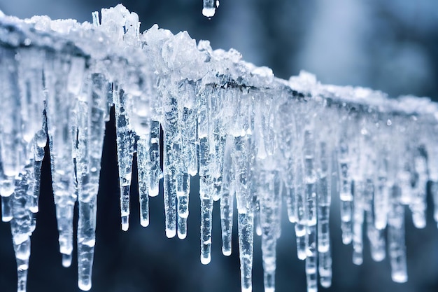 Small transparent icicles on house and wires on dark blurred\
background