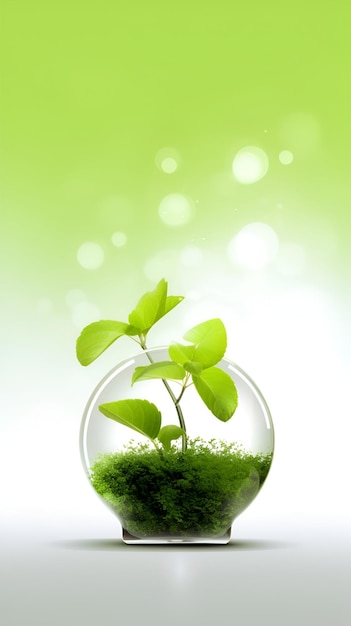 Small tree in a crystal globe on table Environmental protection renewable energy and new life concept green business Small plant on a table Green world concept earth day Vertical image AI