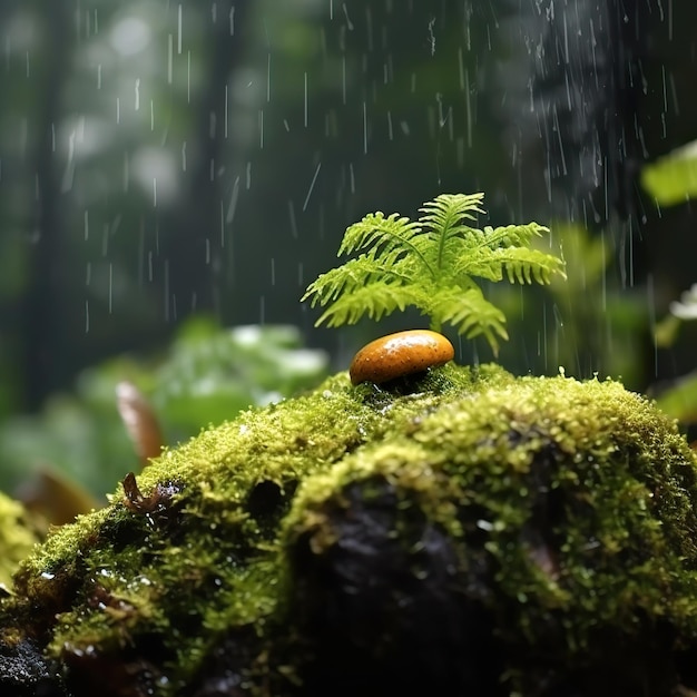 雨の中、苔の中から小さな木が現れる