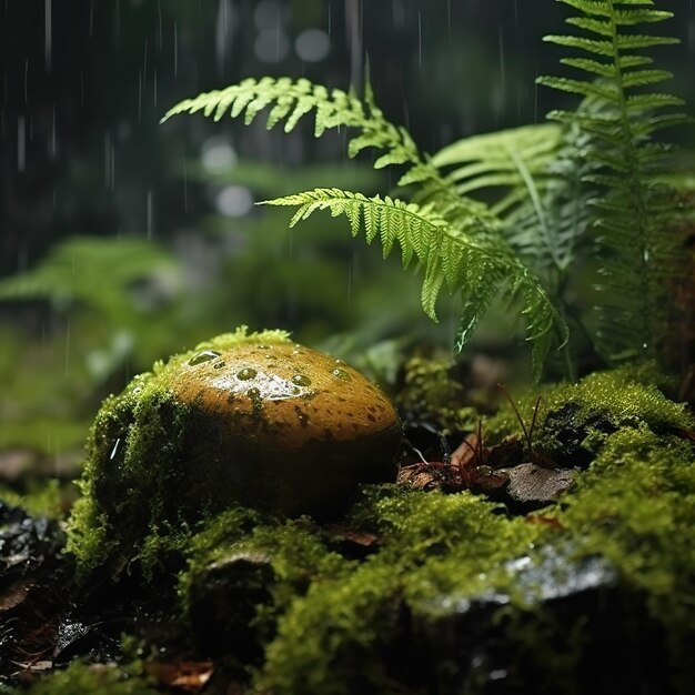 A small tree emerges from the moss in the rain