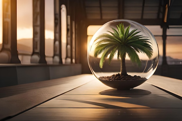 A small tree in a glass bowl on a table