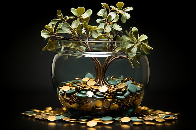 a small tree in a glass vase filled with coins