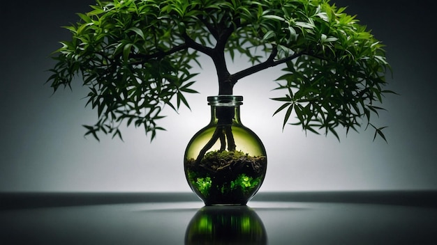 a small tree in a glass vase with a green plant in it