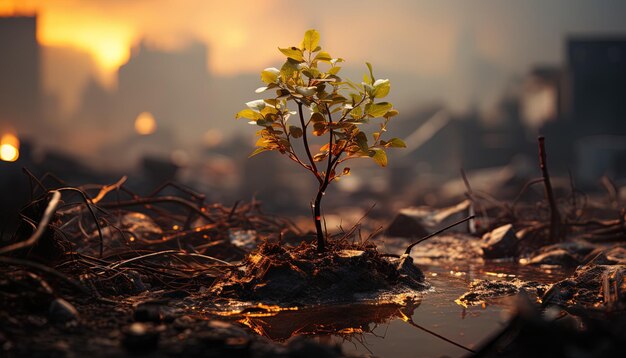 Foto un piccolo albero che cresce in un campo di foglie morte